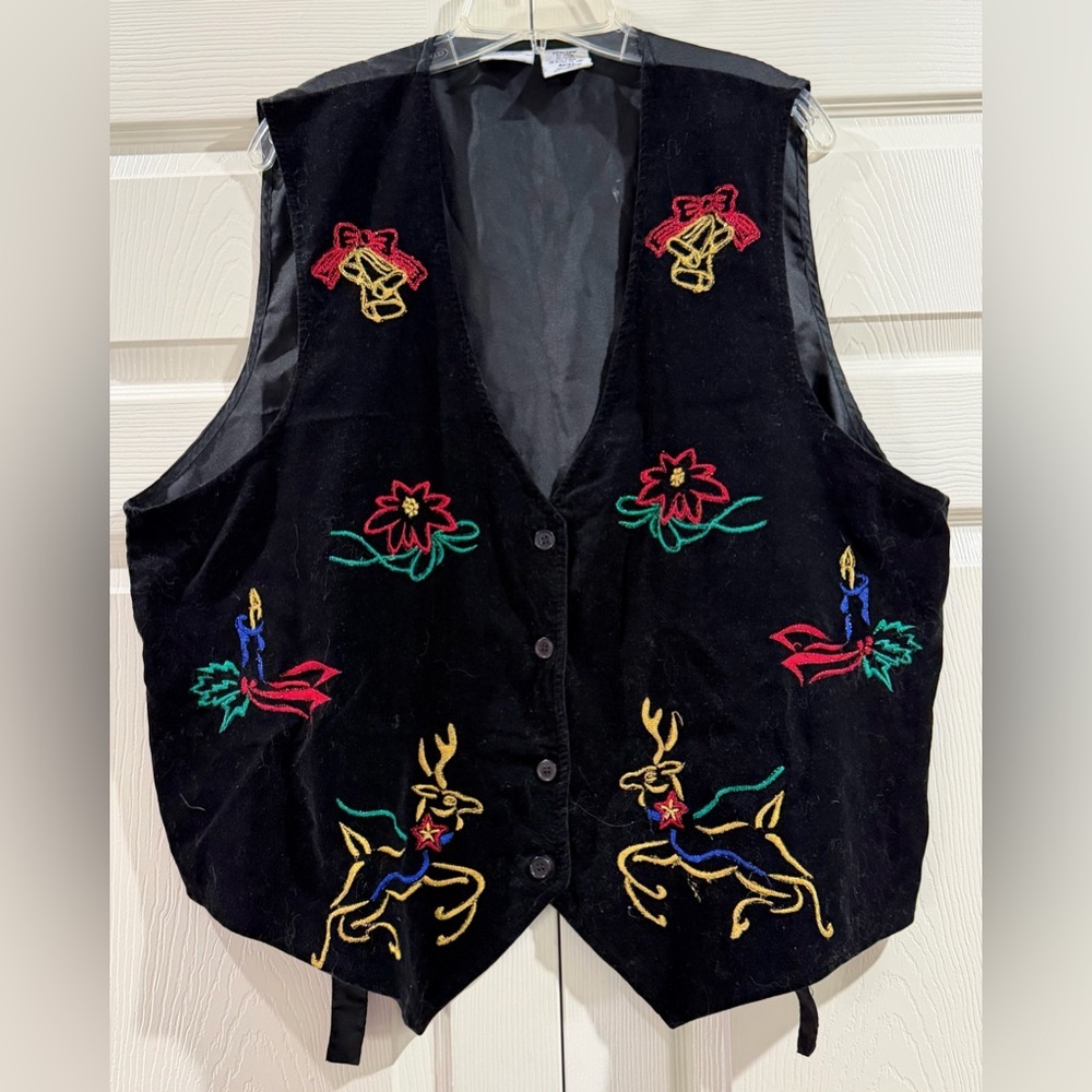Bobbie Brooks Vintage Christmas Vest Womens 42/44 Embroidered Velvet 1980s Black